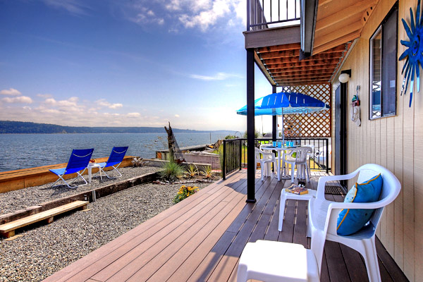 The deck of The Beach House at Tyee on Camano Island is designed for relaxation.